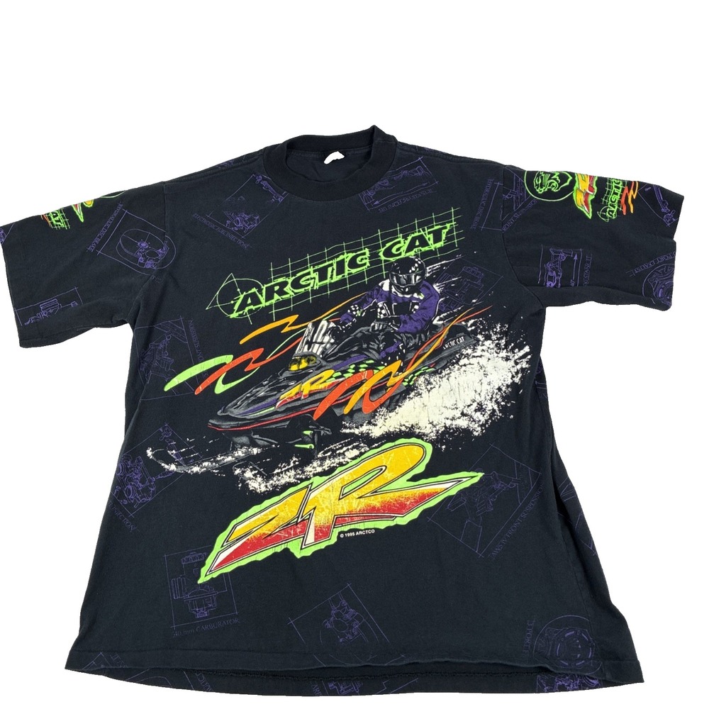 Vintage 1995 Arctic Cat ZR Snowmobile Racing AOP T-Shirt Made In USA Size Large